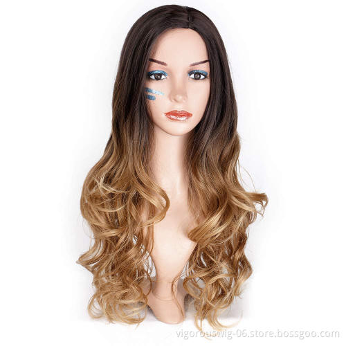 Vigorous High Quality Synthetic Long Wavy Ombre Brown Wig for Women Cosplay Heat Resistant Fiber Curly Colorful Wig